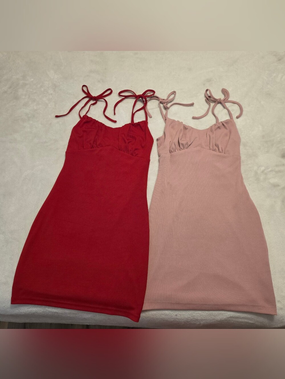 Ever So Sweet Red & Pink Ribbed Tie-Strap Bodycon Mini Dresses